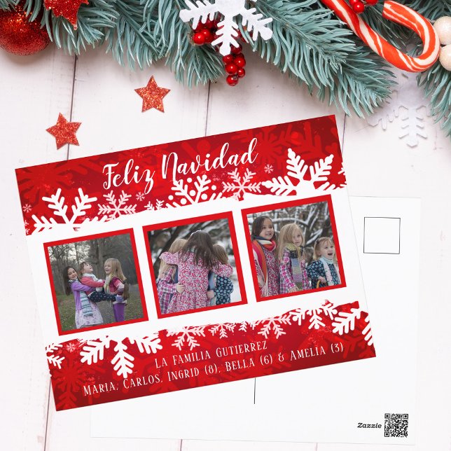 Feliz Navidad Red Snowflake 3 Photo Festive Family Postcard (Creator Uploaded)
