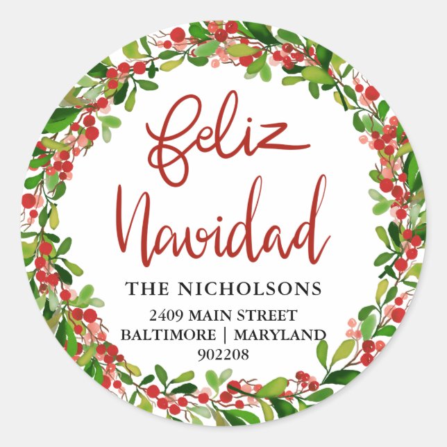 Feliz Navidad Red Watercolor Holly Wreath Classic Round Sticker (Front)