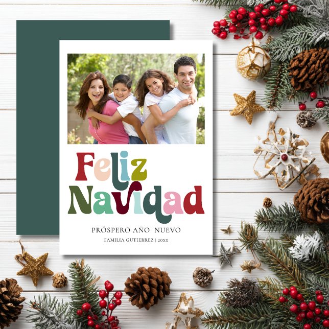 Feliz Navidad Retro Photo Spanish Christmas Card  (Simple Retro Feliz Navidad Photo Green Holiday Card
)