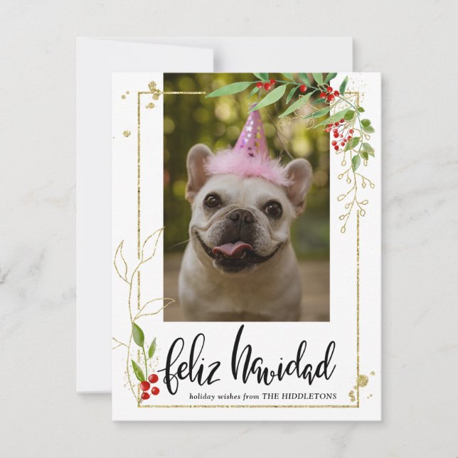 Feliz Navidad | Script Photo Gold Berry Holly Holiday Card (Front)