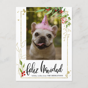 Feliz Navidad   Script Photo Gold Berry Holly Holiday Postcard