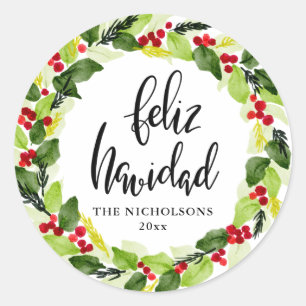 Feliz Navidad Script Red Berry Holiday Wreath  Classic Round Sticker