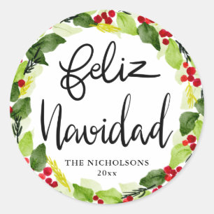 Feliz Navidad Script Red Berry Holly Wreath   Classic Round Sticker