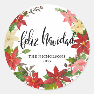 Feliz Navidad Script Red Poinsettia Floral Wreath  Classic Round Sticker