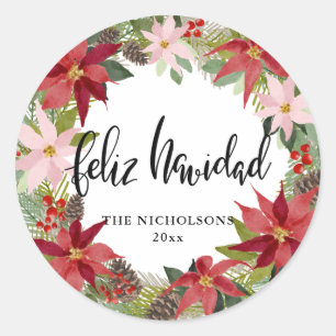 Feliz Navidad Script Red Poinsettia Wreath Classic Round Sticker