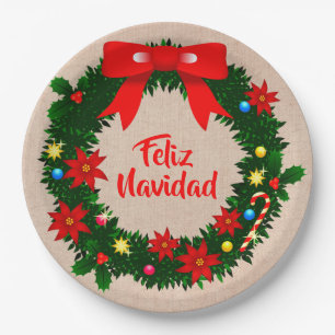 Feliz Navidad Set Merry Christmas Wreath Bow 9" Paper Plate