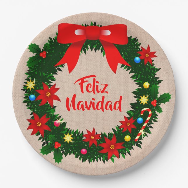 Feliz Navidad Set Merry Christmas Wreath Bow 9" Paper Plate (Front)