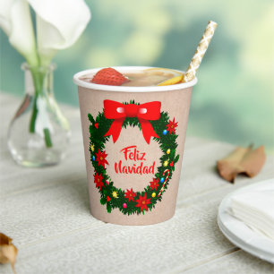 Feliz Navidad Set Merry Christmas Wreath Bow Paper Cups