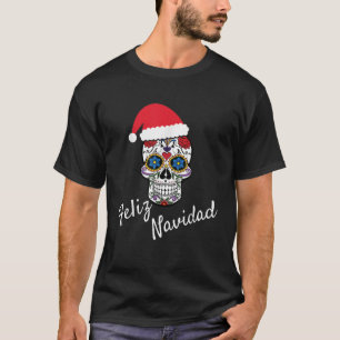 Feliz Navidad Skull Christmas Santa Hat T-Shirt