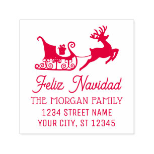 Feliz Navidad Sleigh Reindeer Name Return Address Self-inking Stamp