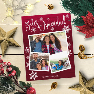 Feliz Navidad Snowflake Rustic 3 Photos Christmas Postcard
