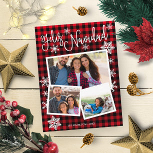 Feliz Navidad Snowflake Rustic 3 Photos Christmas Postcard