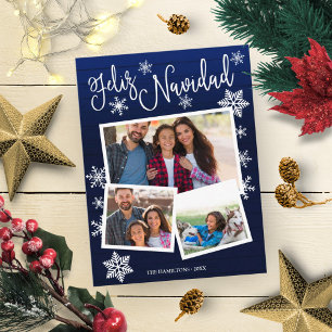 Feliz Navidad Snowflake Rustic 3 Photos Christmas Postcard