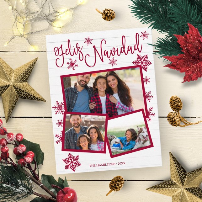Feliz Navidad Snowflake Rustic 3 Photos Christmas Postcard (Creator Uploaded)