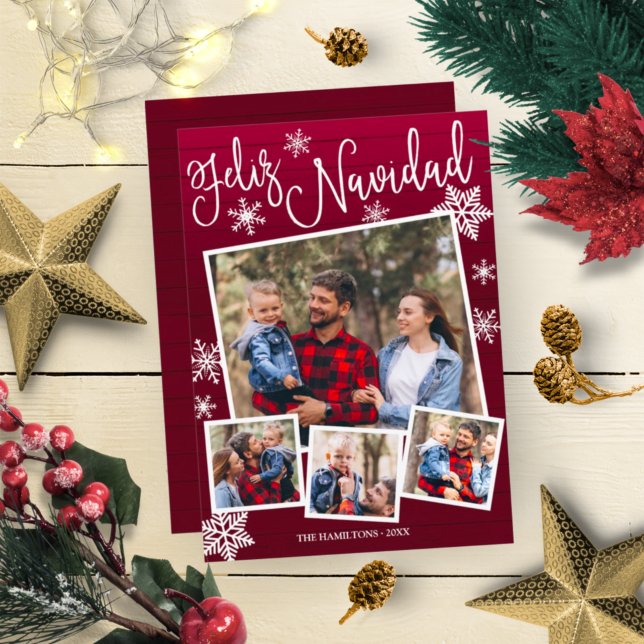 Feliz Navidad Snowflake Rustic 4 Photos Christmas Invitation (Creator Uploaded)