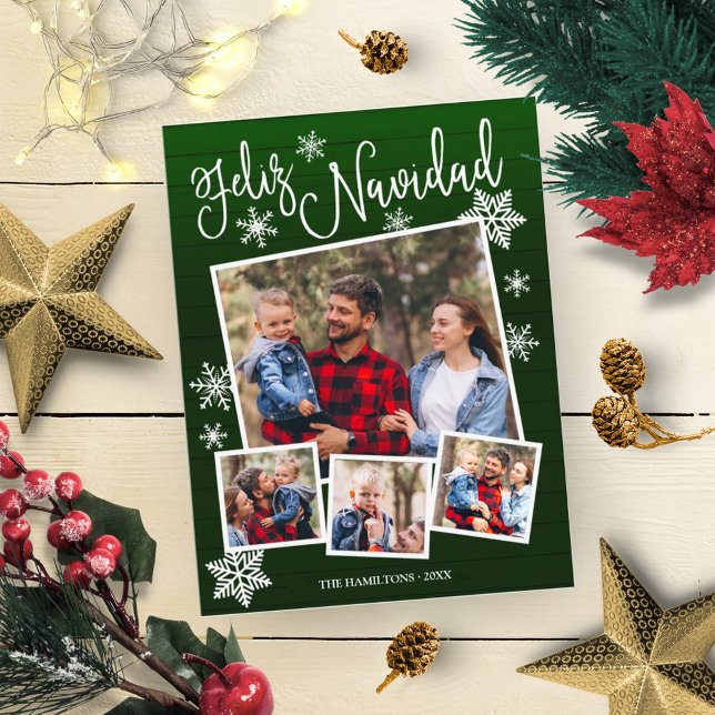 Feliz Navidad Snowflake Rustic 4 Photos Christmas Postcard (Creator Uploaded)