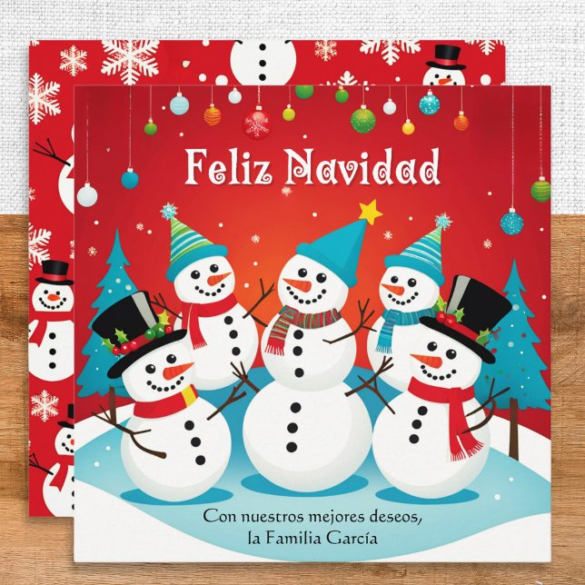Feliz Navidad Snowmen Red Personalised Christmas Holiday Card (A Christmas card with snowmen picture, Spanish greeting 'Feliz Navidad' and your own custom message)