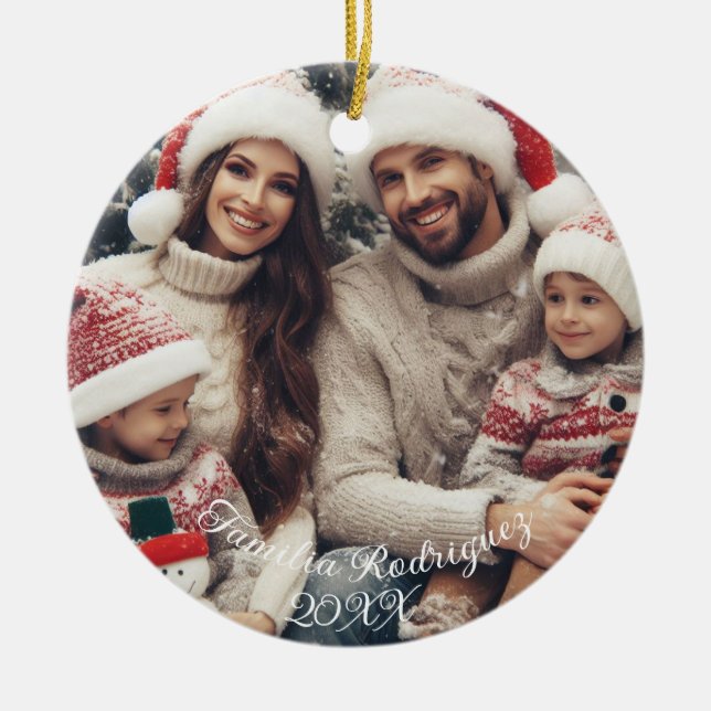 Feliz Navidad Spanish Candy Cane Red and Green Ceramic Tree Decoration (Front)