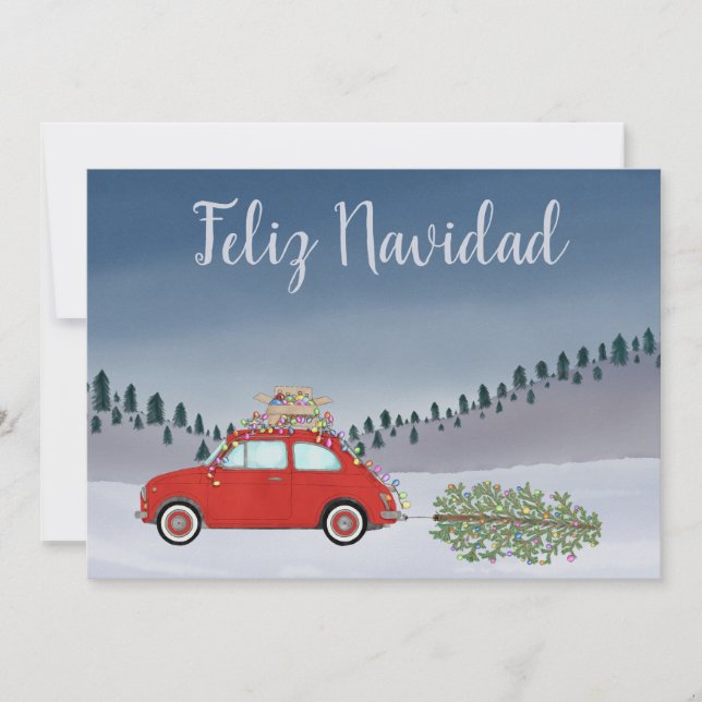 Feliz Navidad Spanish Christmas Red Fiat 500  Holiday Card (Front)