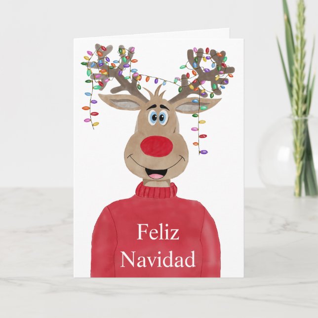Feliz Navidad, Spanish Christmas Reindeer Holiday Card (Front)