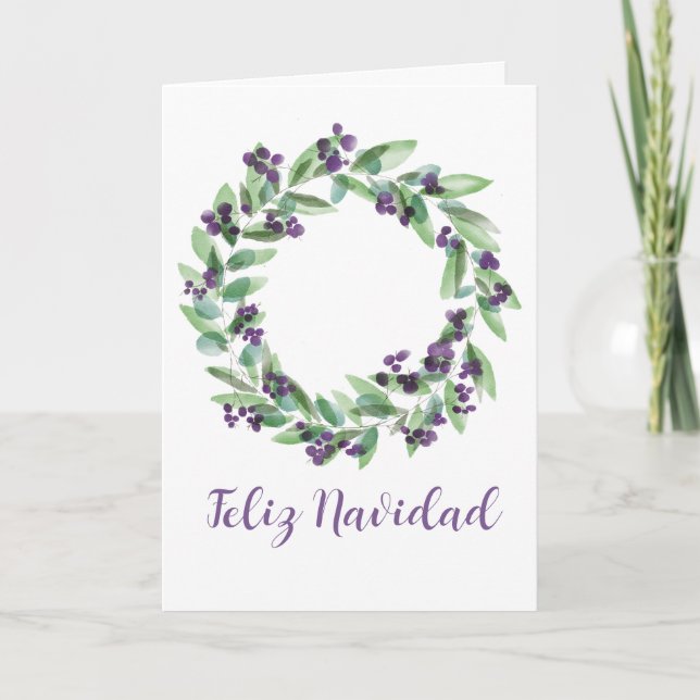 Feliz Navidad, Spanish Christmas wreath Holiday Ca Card (Front)