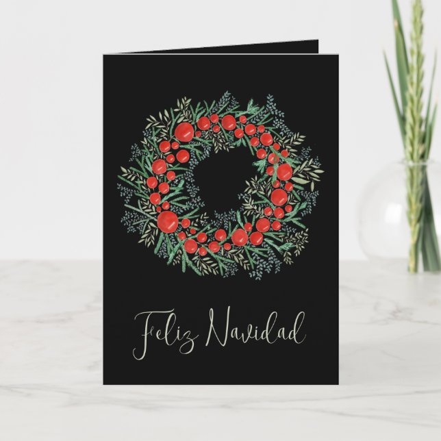Feliz Navidad, Spanish Christmas wreath Holiday Card (Front)