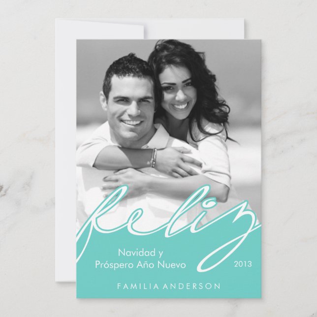 Feliz Navidad Spanish Happy Holidays {aqua} Holiday Card (Front)