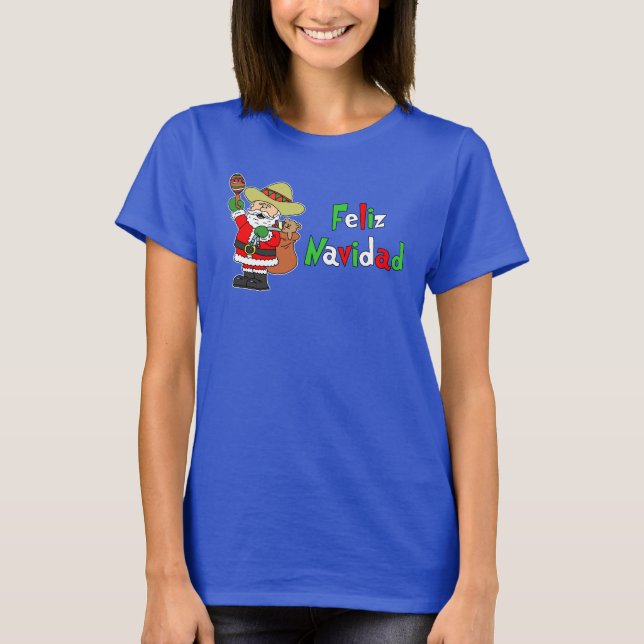 Feliz Navidad Spanish Santa Cartoon T-Shirt (Front)