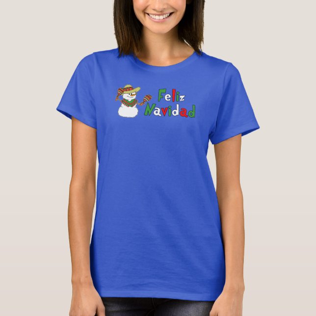 Feliz Navidad Spanish Snowman Cartoon T-Shirt (Front)