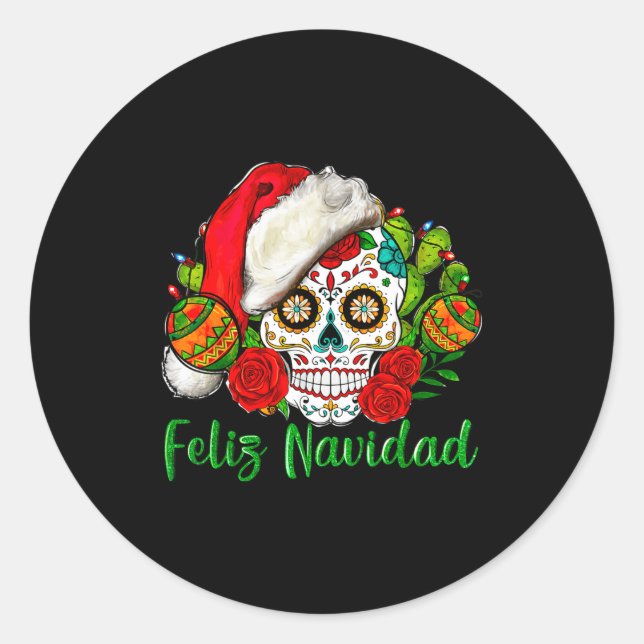 Feliz Navidad Sugar Skull Mexican Christmas  Classic Round Sticker (Front)