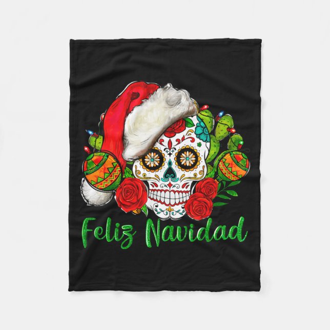 Feliz Navidad Sugar Skull Mexican Christmas  Fleece Blanket (Front)