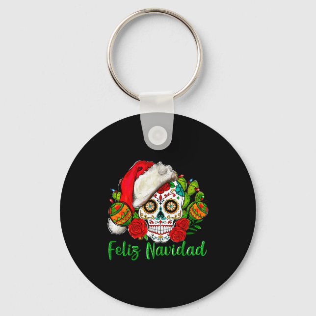 Feliz Navidad Sugar Skull Mexican Christmas  Key Ring (Front)