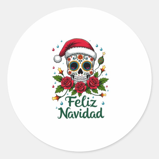 Feliz Navidad Sugar Skull Mexican Christmas T-Shir Classic Round Sticker (Front)