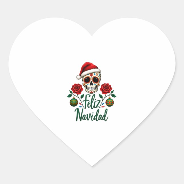 Feliz Navidad Sugar Skull Mexican Christmas T-Shir Heart Sticker (Front)
