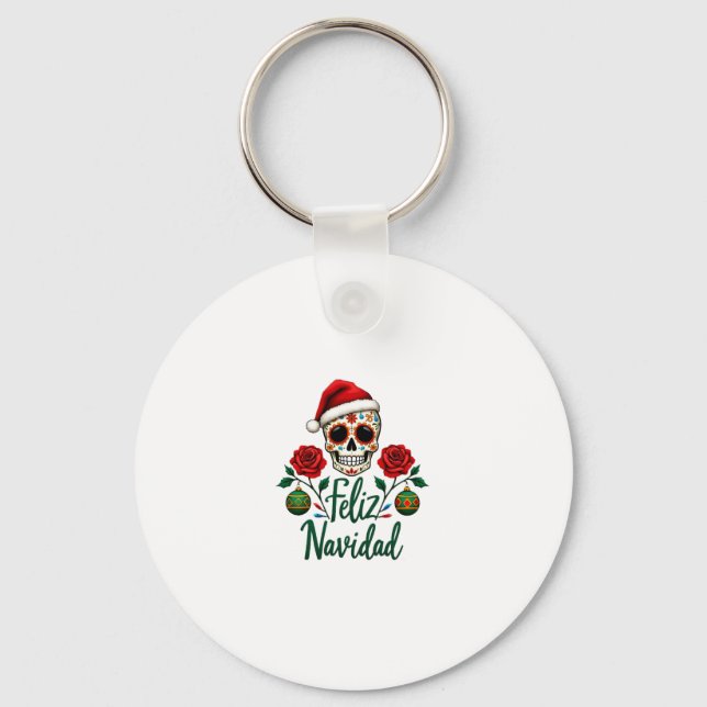 Feliz Navidad Sugar Skull Mexican Christmas T-Shir Key Ring (Front)