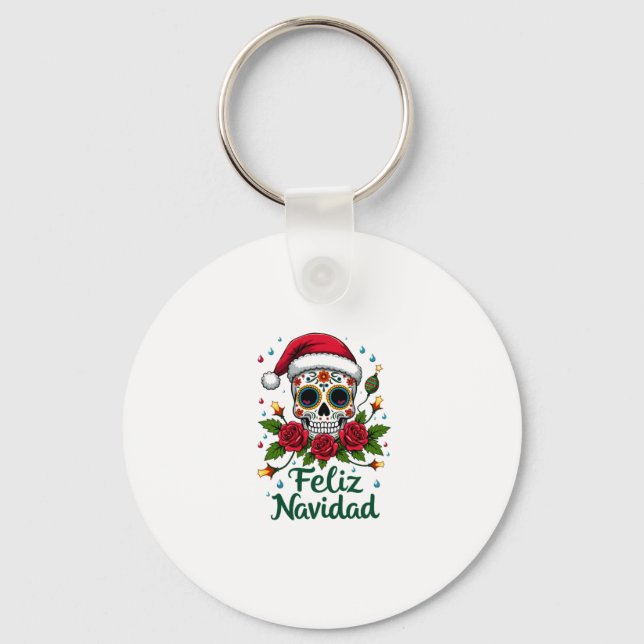 Feliz Navidad Sugar Skull Mexican Christmas T-Shir Key Ring (Front)