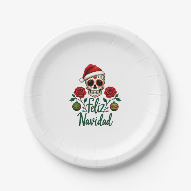 Feliz Navidad Sugar Skull Mexican Christmas T-Shir Paper Plate (Front)