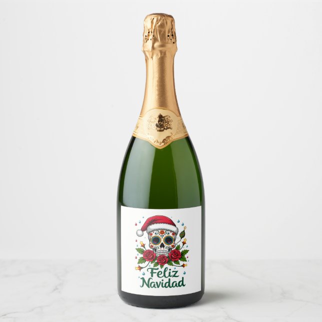 Feliz Navidad Sugar Skull Mexican Christmas T-Shir Sparkling Wine Label (Front)