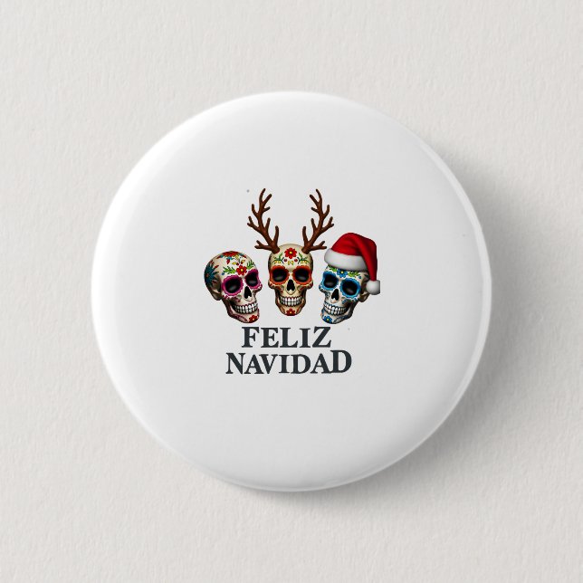 Feliz Navidad Sugar Skulls Reindeer Santa Mexican  6 Cm Round Badge (Front)