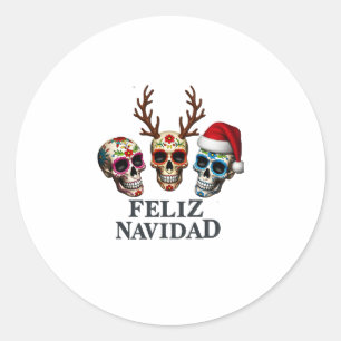 Feliz Navidad Sugar Skulls Reindeer Santa Mexican Classic Round Sticker