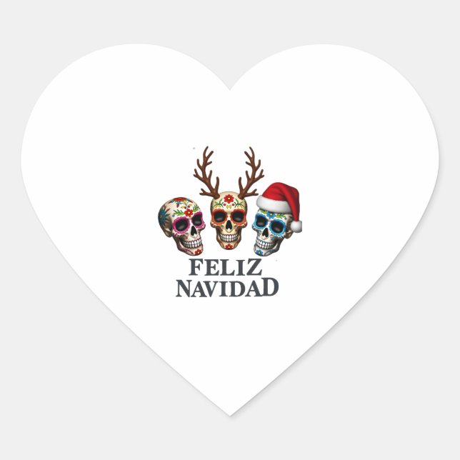 Feliz Navidad Sugar Skulls Reindeer Santa Mexican  Heart Sticker (Front)