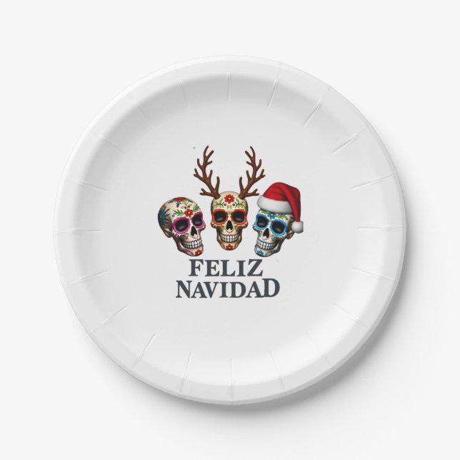 Feliz Navidad Sugar Skulls Reindeer Santa Mexican  Paper Plate (Front)