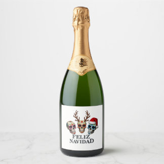Feliz Navidad Sugar Skulls Reindeer Santa Mexican  Sparkling Wine Label