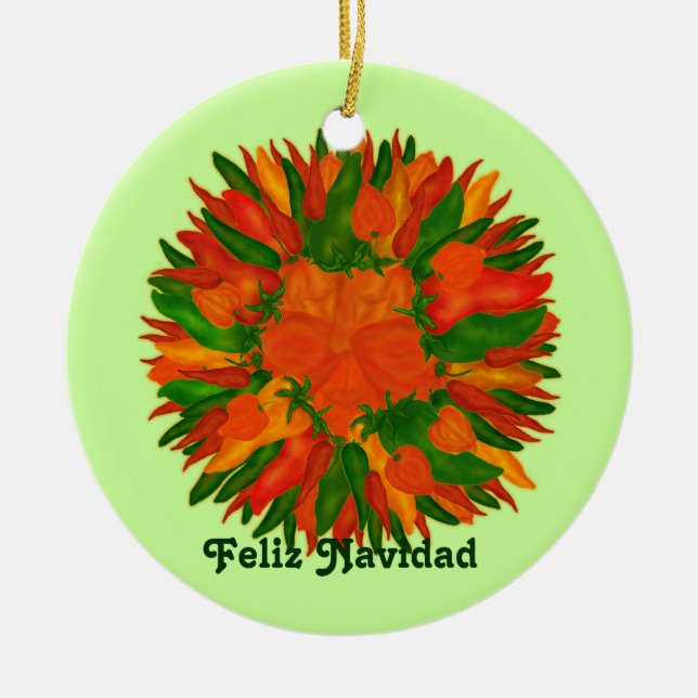 Feliz Navidad Sunny Peppers Ceramic Tree Decoration (Front)