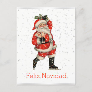 Feliz Navidad Vintage Red Santa Skating Spanish Holiday Postcard