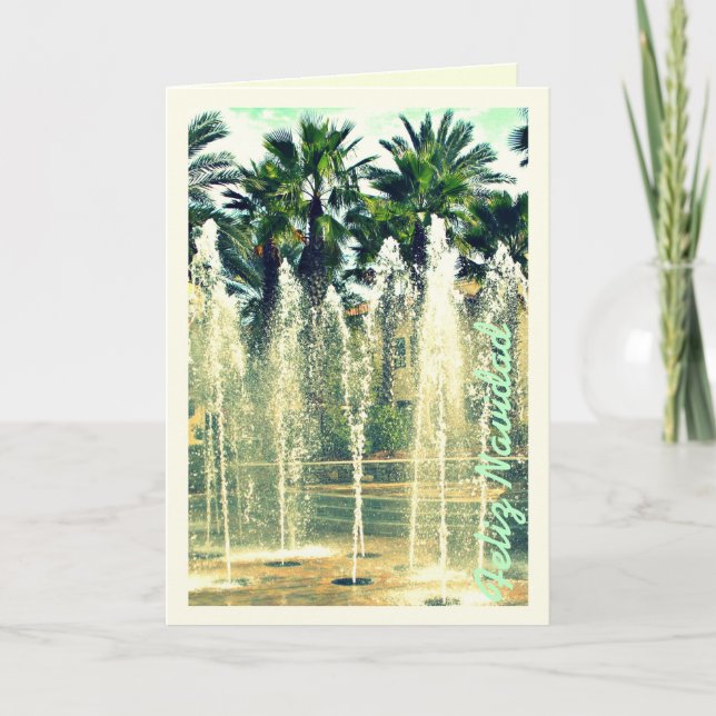 Feliz Navidad Vintage Tropical Palms & Fountain Holiday Card (Front)