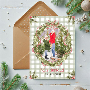 Feliz Navidad Watercolor Floral Bow Family Photo Holiday Card