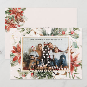 Feliz Navidad   Watercolor Poinsettia Photo Card