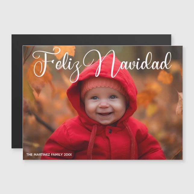 Feliz Navidad White Script Christmas Magnet Card (Front/Back)