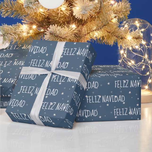 Feliz Navidad with Stars On Blue Wrapping Paper (Holidays)